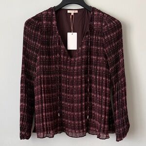 Skies Are Blue Burgundy and Pink Plaid V-Neck Long-Sleeve Blouse